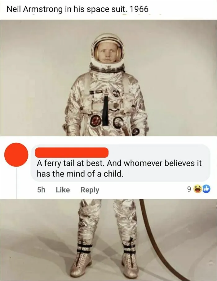 Vintage photo of Neil Armstrong in space suit with overconfident know-it-all incorrectly correcting the fact.