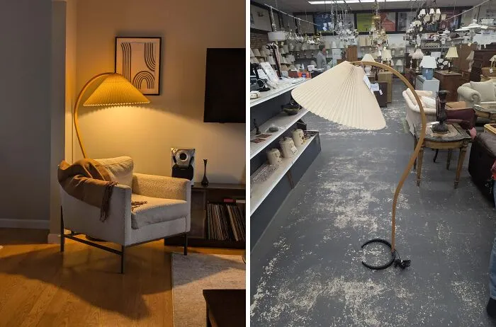 Curved wooden floor lamp with pleated shade in cozy living room and thrift store setting, showcasing thrift store finds.