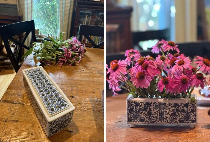 Vintage ceramic flower frog vase thrift store find with pink flowers arranged on a wooden table in natural light