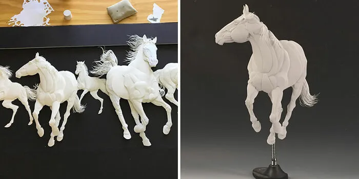 Paper artist creating stunningly realistic horse wildlife sculptures with intricate details and lifelike movement.