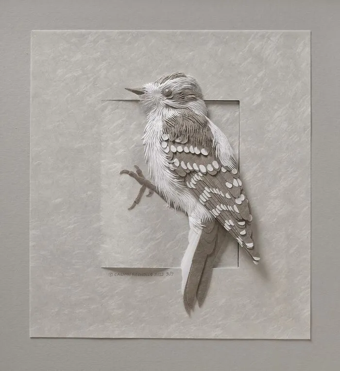 Paper sculpture of a realistic bird perched on a branch, showcasing stunningly detailed wildlife art from simple paper.