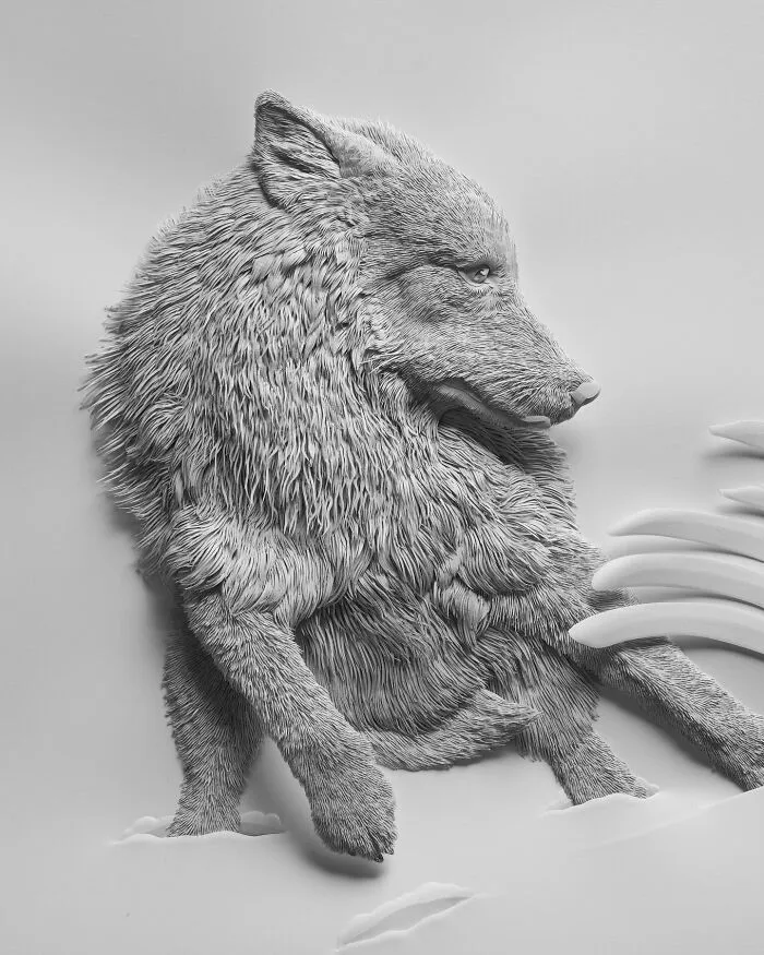 Highly detailed realistic wildlife sculpture of a wolf made from simple paper showcasing intricate texture and depth.