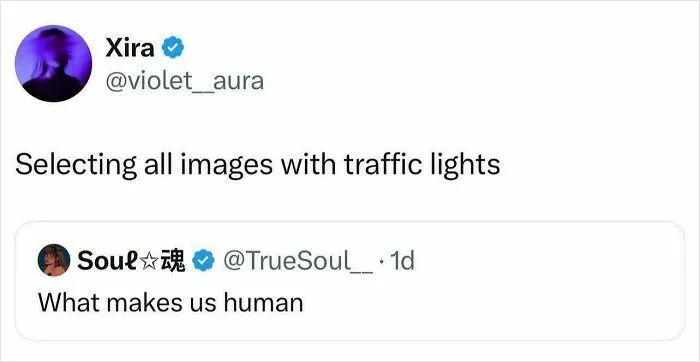 Tweet about selecting images with traffic lights, featuring British meme humor understood mostly by U.K. audiences.