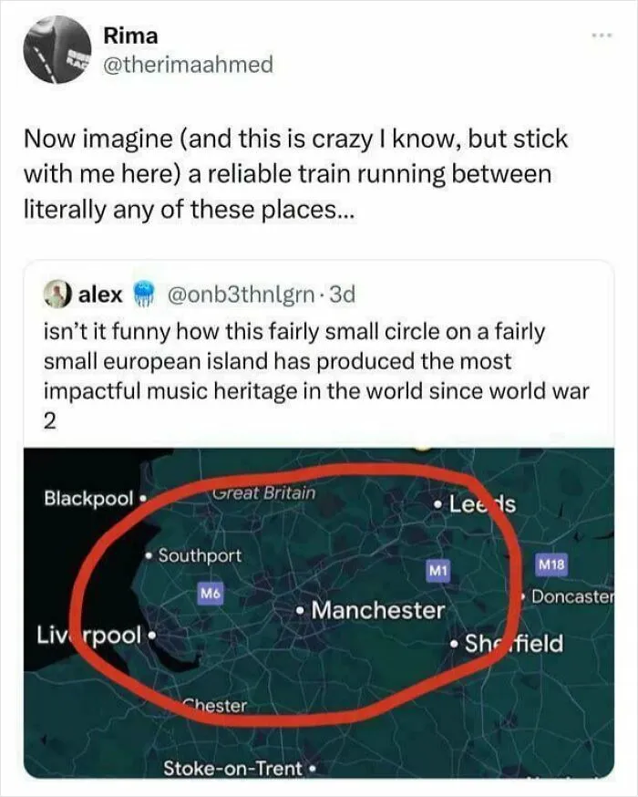 Screenshot of a chaotic British meme highlighting music heritage and train reliability in the UK’s northern cities.