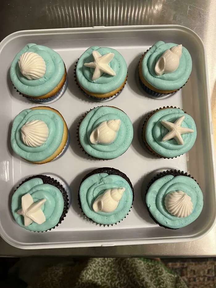 Cupcakes with blue frosting and seashell decorations, showcasing gorgeous baked goods with creative kitchen designs.