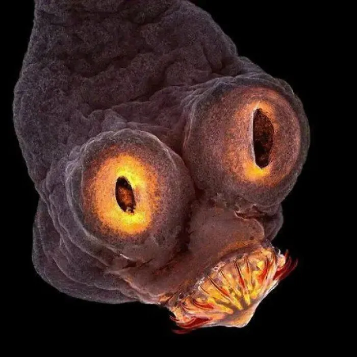 La cara de una tenia bajo un microscopio electrónico