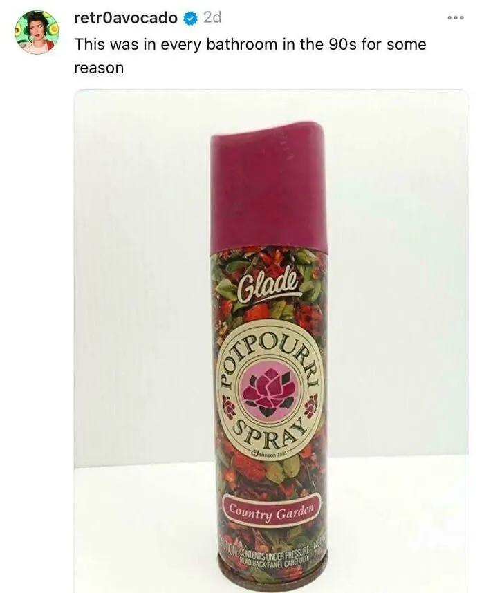 Vintage 90s Glade potpourri spray bottle with floral design, a nostalgic bathroom staple from the 1990s.