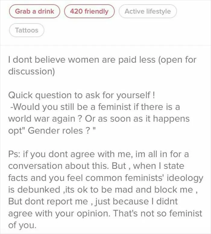 Screenshot of a cringy message from a man discussing feminism and gender roles in a controversial tone.