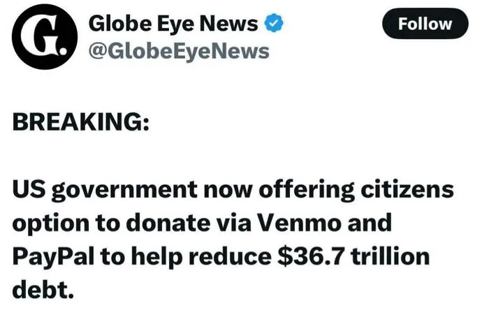 Screenshot of a Globe Eye News tweet about US government offering donation options via Venmo and PayPal to reduce debt.