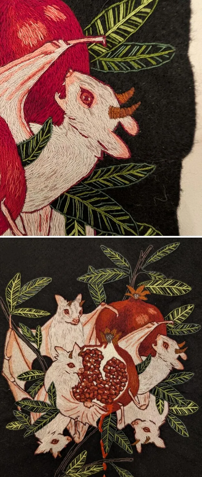 Intricate embroidery of bats and pomegranates showcasing beautiful and incredible embroidery skills on dark fabric.