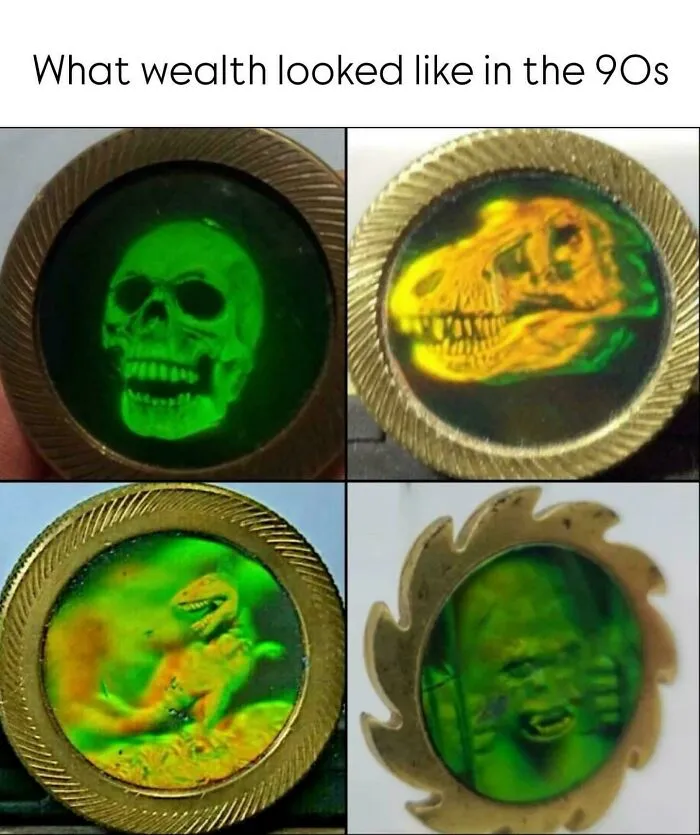 Four close-up images of vintage 90s hologram collectibles featuring skulls and dinosaurs from nostalgic 90s posts.