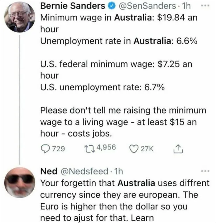 Screenshot of a Twitter thread shaming an overconfident know-it-all incorrectly correcting minimum wage and unemployment facts.
