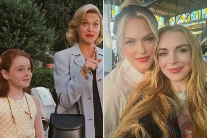 Split image showing a classic ’90s TV scene on the left and two women with long blonde hair in a modern setting on the right.
