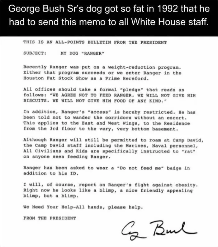 Historical memo from President George Bush Sr. about his overweight dog Ranger’s weight-reduction and feeding restrictions.