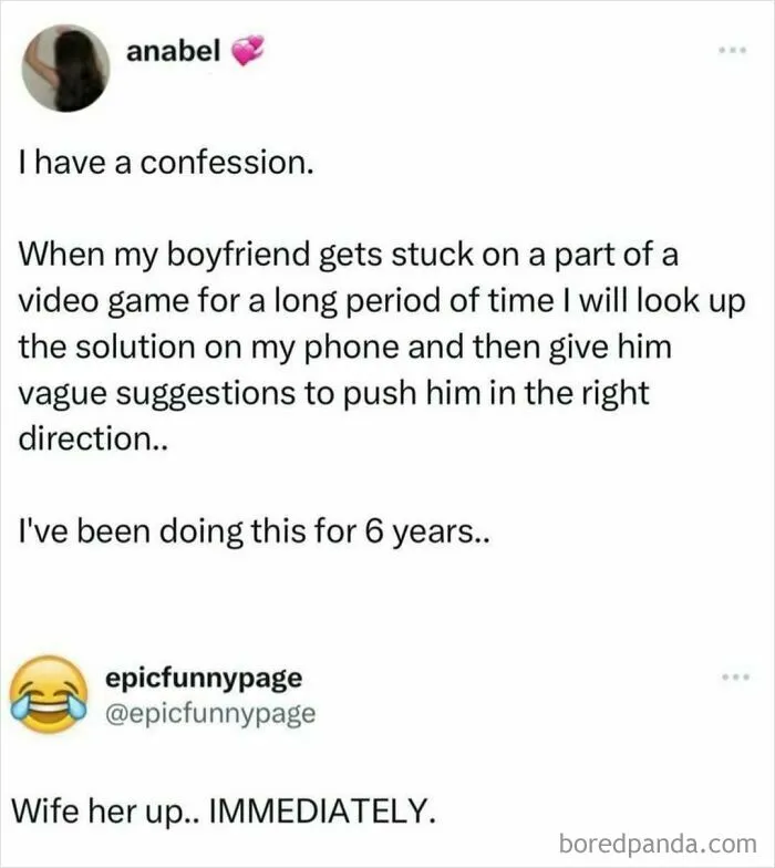 Text post and meme about helping boyfriend with video games, featured in entertaining posts and memes to fight boredom.