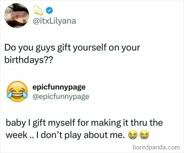 Funny social media post about gifting yourself and self-appreciation, featured in entertaining posts and memes.