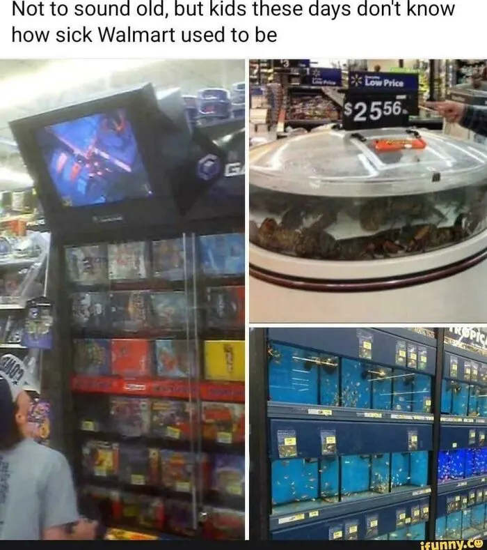 90s posts showing vintage Walmart game displays, live lobsters, and old fish tanks evoking nostalgic memories.