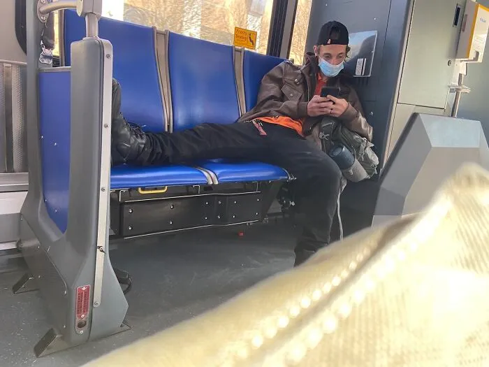 This Guy On My Bus To Work Sat Like This In The Elderly / Disabled Priority Section And Was Playing His Music On A Speaker