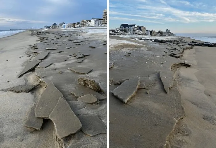 ¿Qué sucede cuando se mezclan temperaturas muy frías, arena, nieve y agua de marea? Bloques de arena congelados en la playa de Ocean City.