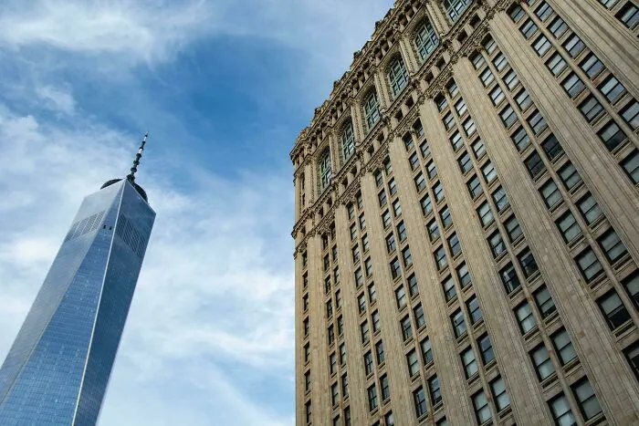 Old Meets New - One World Trade Center And 90 West St., Downtown Manhattan, New York, USA