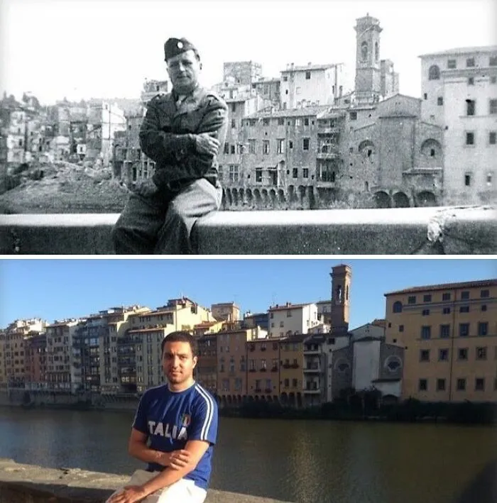 Un hombre se sienta en el mismo lugar que su abuelo en 1944 durante la Segunda Guerra Mundial en Florencia, Italia.