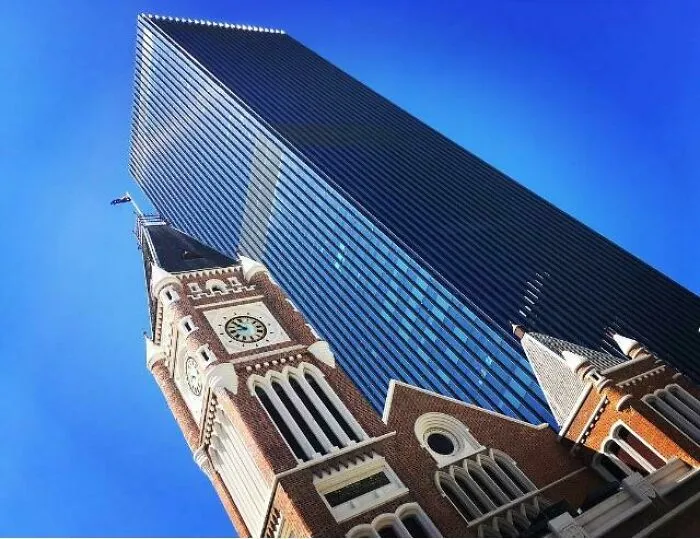 Old Meets New, Perth Old Town Hall With Cathedral And Treasury Precinct, Australia