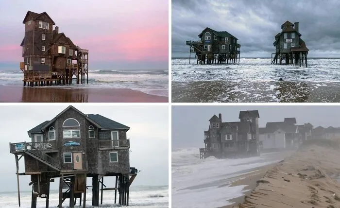 Casas abandonadas en Mirlo Beach, una próspera ciudad costera en los Outer Banks de Carolina del Norte.