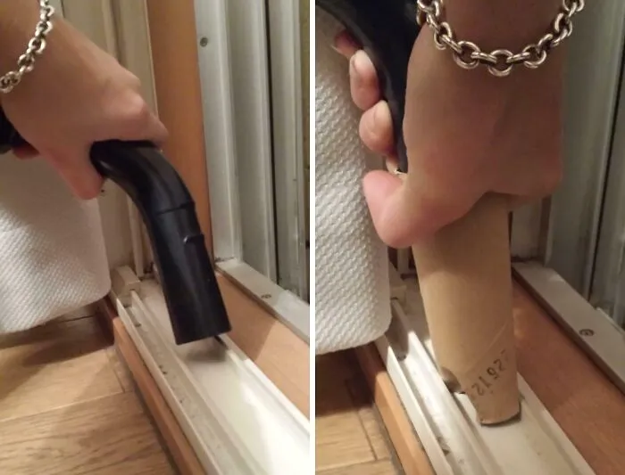 Life Hack: Vacuuming Into Those Annoying Gaps. Insert Vacuum End Into Toilet Roll And Squeeze Tight. It Can Get Those Hard To Reach Places In Between Stuff