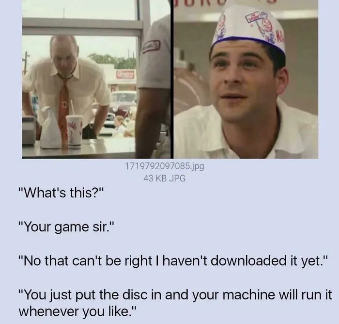 Scene from a 90s movie showing a man at a counter and another in a paper hat, sparking 90s memories and nostalgia.