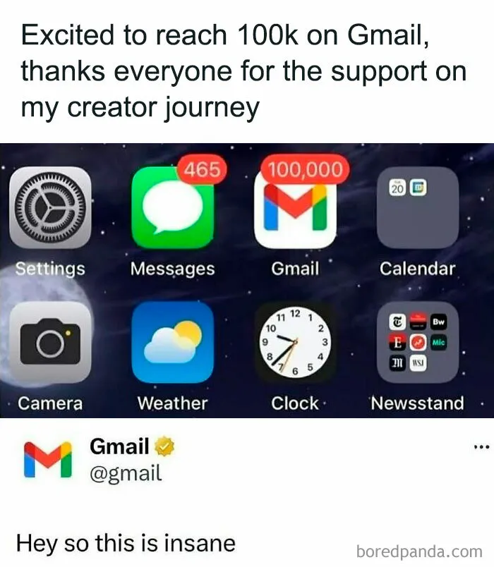 Smartphone screen showing Gmail with 100,000 notifications, part of random memes bringing chaos and unfiltered fun.