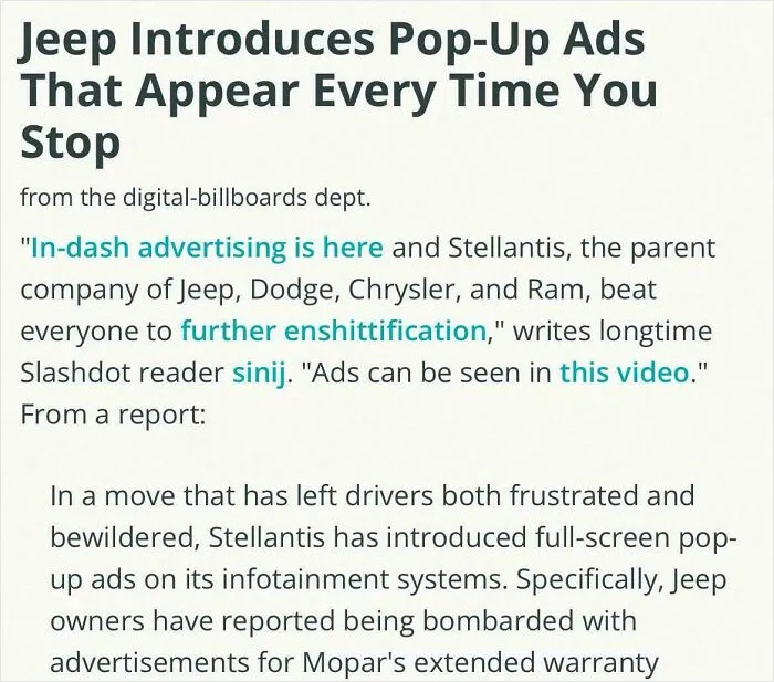 Text about Jeep introducing annoying pop-up ads in modern infotainment systems reflecting boring dystopia of modern life.