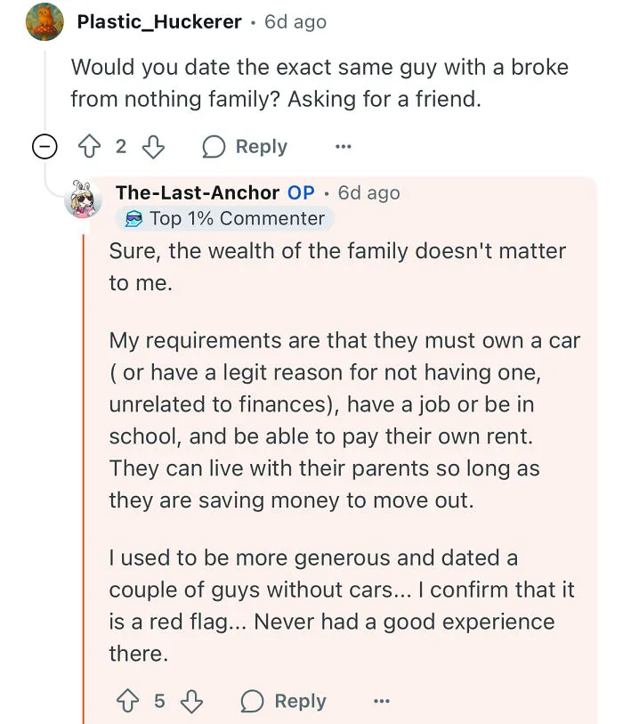 Reddit comment discussing dating criteria and experiences from a poor woman who dates a rich guy and how it changed her life.