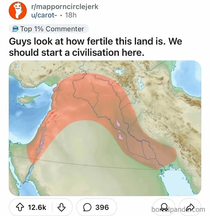 Map showing fertile land in Mesopotamia humorously suggesting starting a civilization, a funny meme challenging history knowledge.