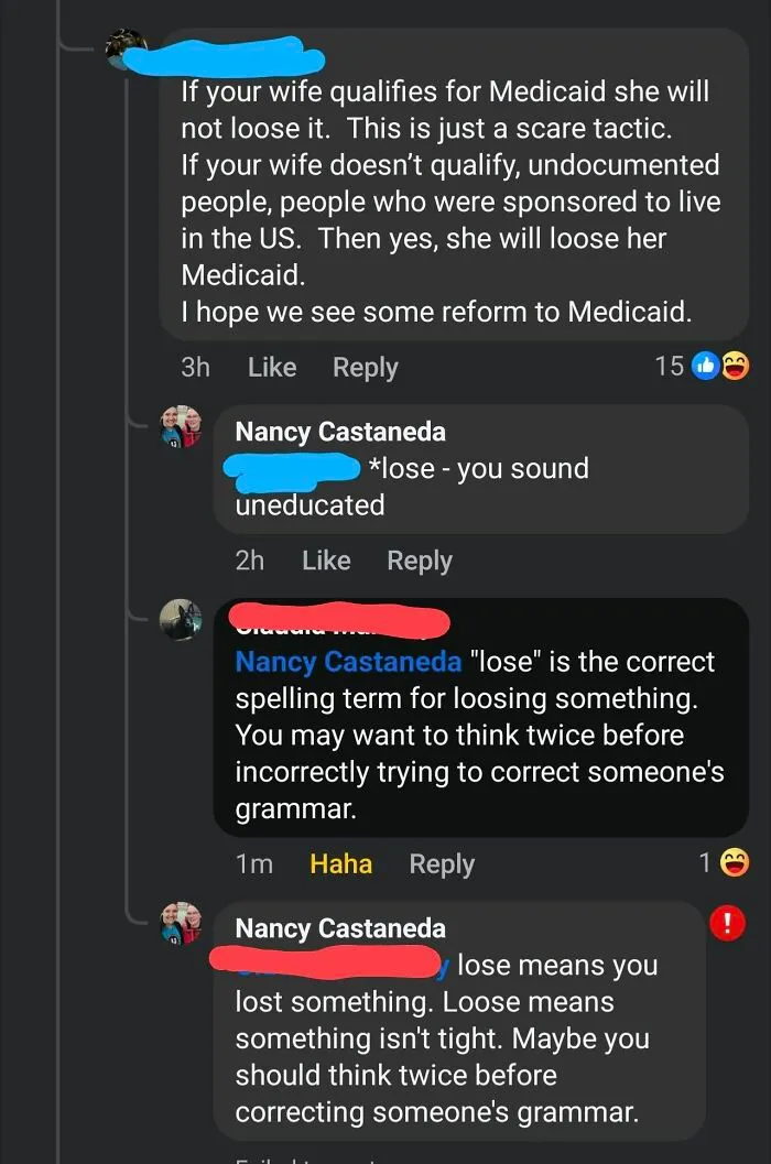 Facebook comments showing an online group shaming overconfident know-it-alls who incorrectly correct grammar.
