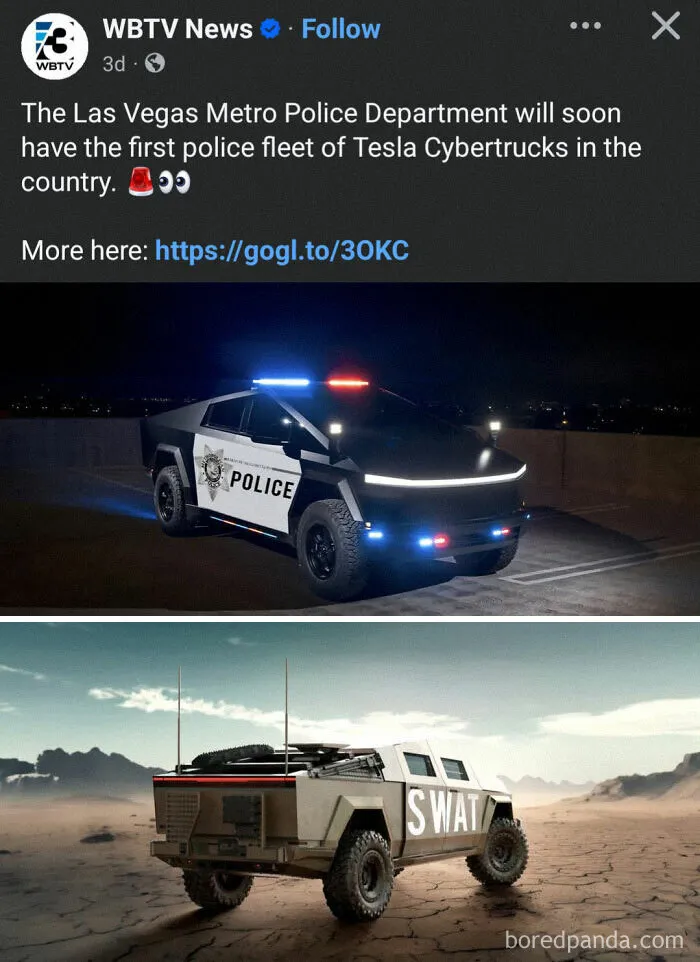 Police fleet Tesla Cybertruck with lights on at night and armored SWAT vehicle in a barren desert, depicting modern life dystopia.