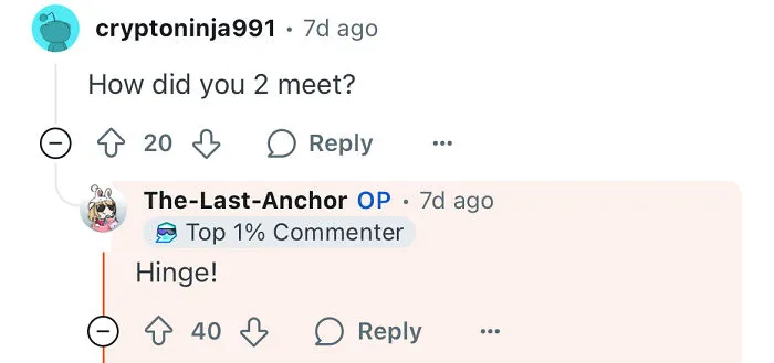 Comment thread showing a poor woman discussing how dating a rich guy changed her life and how they met on Hinge.