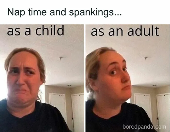 Person making funny facial expressions comparing nap time as a child and as an adult, illustrating random memes fun chaos.