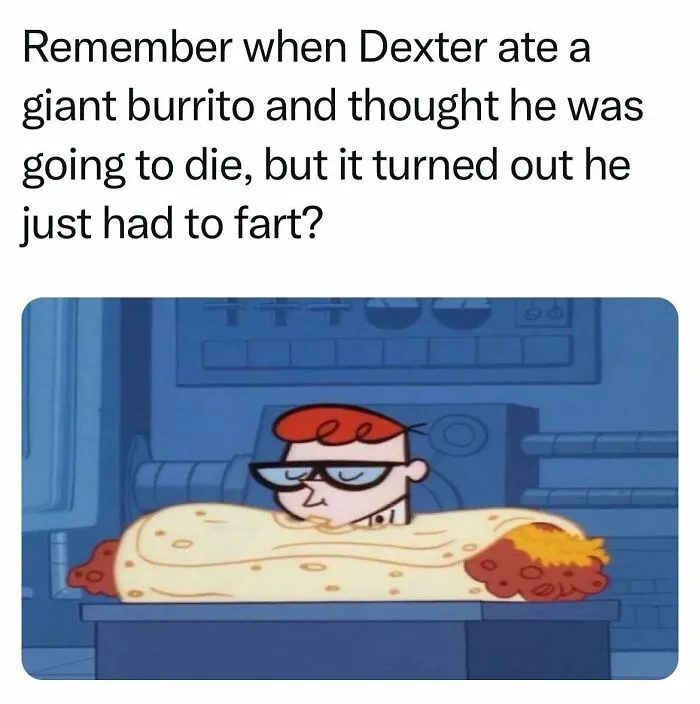 Dexter from the ‘90s nostalgia club wrapped in a giant burrito, recalling funny nostalgic moments from the good old times.