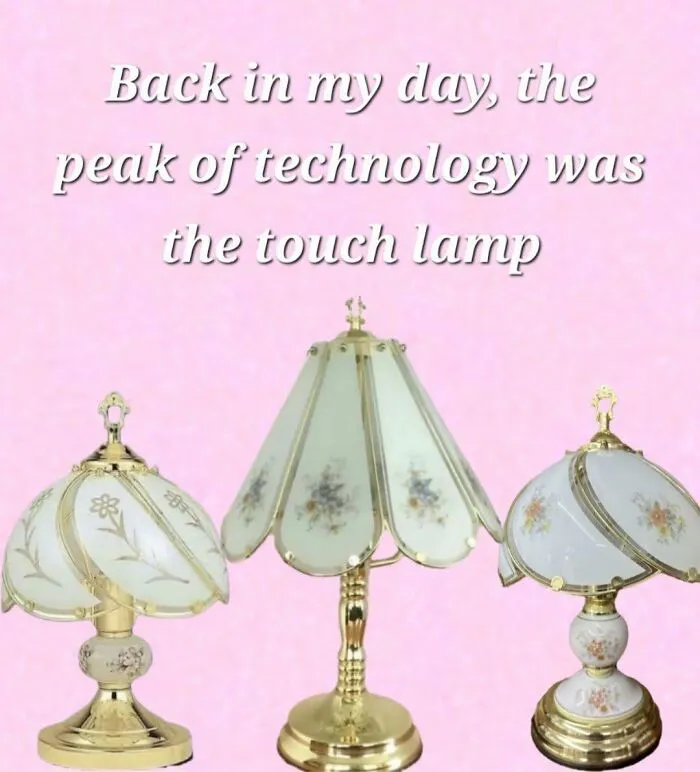 Three vintage touch lamps with floral designs on a pink background, capturing 90s nostalgia and retro technology trends.