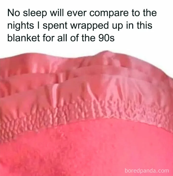 Pink 90s nostalgia blanket with caption about sleepless nights wrapped up in the cozy Official 90s Nostalgia Club vibe.