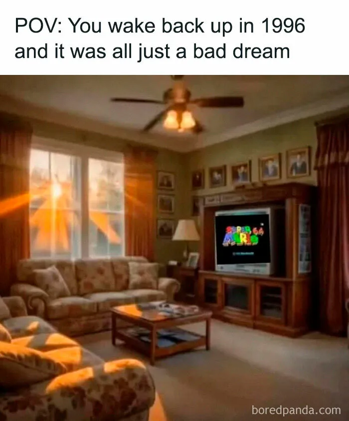 Living room with vintage furniture, sunlight through curtains, and a TV screen showing a ‘90s nostalgia club video game.