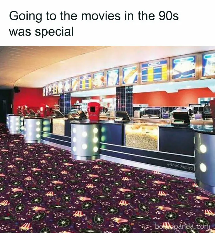 90s nostalgia club image showing a vintage movie theater concession stand with retro patterned carpet and bright lights.