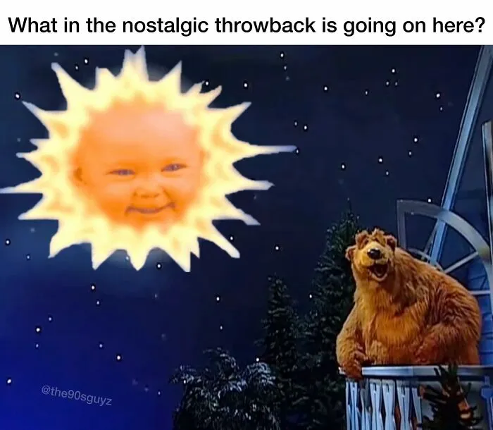 90s nostalgia with baby-faced sun and animated bear on balcony under a starry night sky in nostalgic throwback scene.
