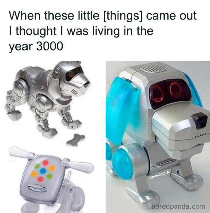 Three vintage robotic dog toys from the 90s representing nostalgic childhood memories and retro technology.