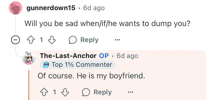 Reddit comment exchange showing a poor woman who dates rich guy discussing feelings about a possible breakup.