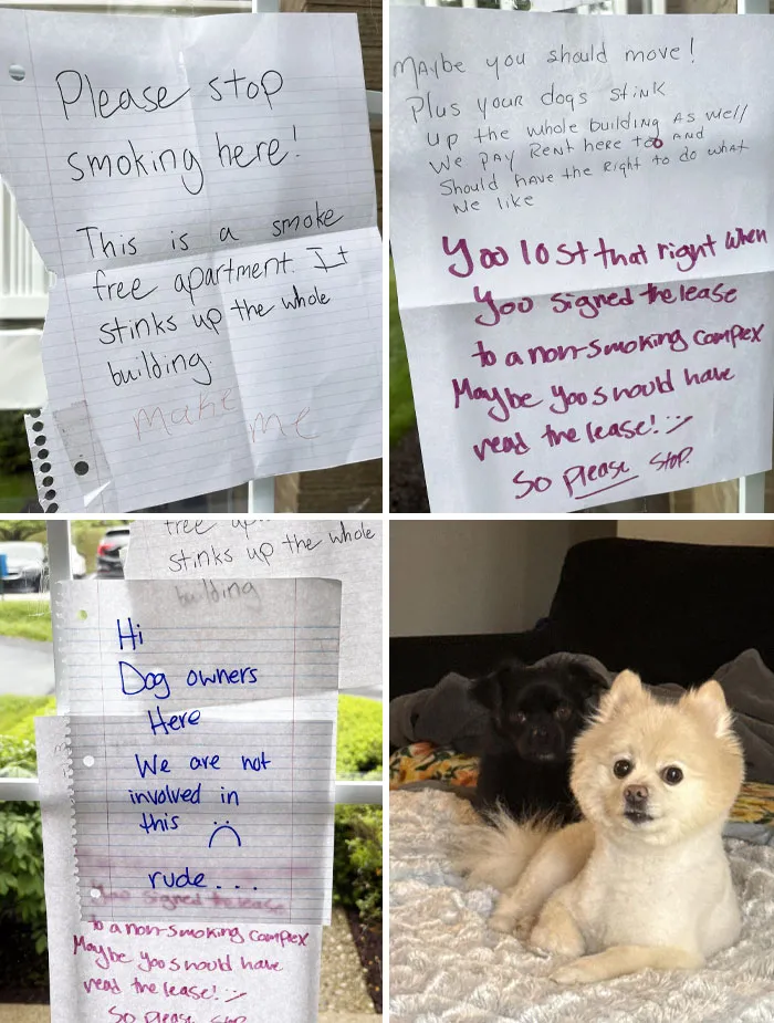 Notes from unhinged neighbors about smoking and dogs in a shared apartment complex causing tension and complaints.