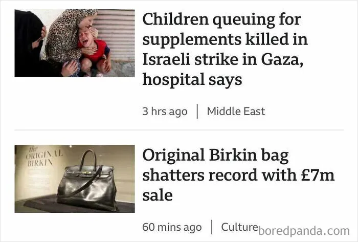 News headlines showing modern life issues, reflecting themes of boring dystopia through conflict and luxury consumerism.