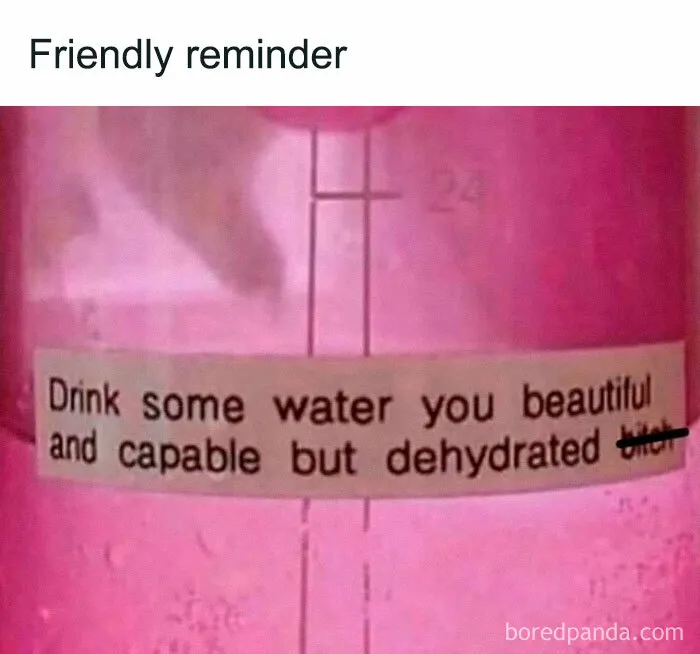 Motivational introvert-worthy meme on a water bottle urging to drink water and stay hydrated and capable.