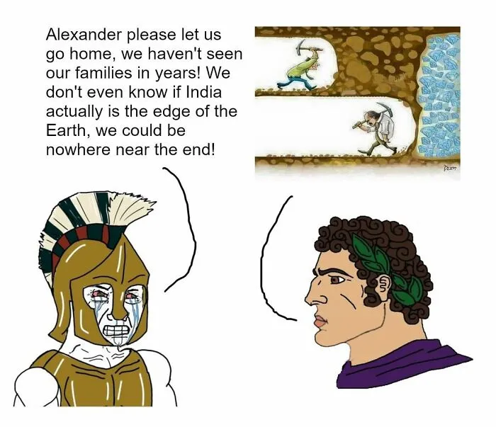 Ancient warriors debating historical beliefs with a humorous take on history knowledge and exploration challenges.