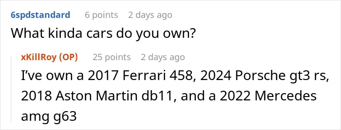 Screenshot of an online forum discussion where a paid companion lists luxury cars owned by wealthy married women.